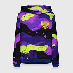 Женская толстовка Черно-фиолетовый камуфляж и золотой герб РФ