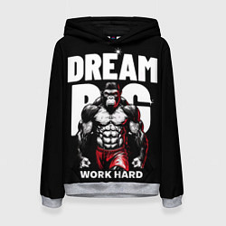 Толстовка-худи женская Dream big - work hard monkey, цвет: 3D-меланж