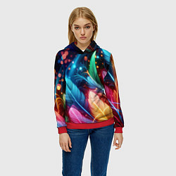 Толстовка-худи женская Яркие красочные неоновые перья, цвет: 3D-красный — фото 2
