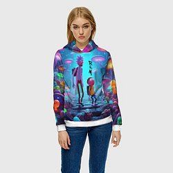 Толстовка-худи женская Рик и Морти на планете неоновых грибов - нейроарт, цвет: 3D-белый — фото 2