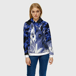 Толстовка-худи женская Единорог - синий рог, цвет: 3D-белый — фото 2