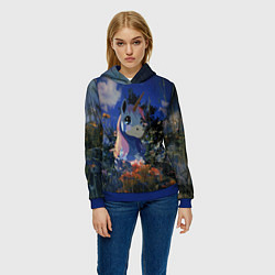 Толстовка-худи женская Синий единорог в кустах, цвет: 3D-синий — фото 2
