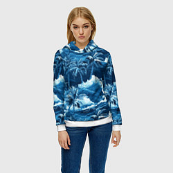 Толстовка-худи женская Пальмы и волны - голубые оттенки паттерн, цвет: 3D-белый — фото 2