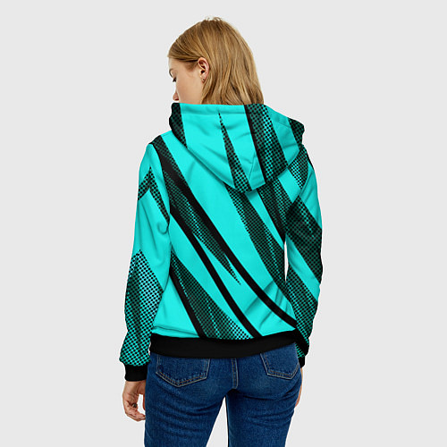 Женская толстовка Неоновый голубой с чёрным абстракция с полосами / 3D-Черный – фото 4