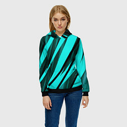 Толстовка-худи женская Неоновый голубой с чёрным абстракция с полосами, цвет: 3D-черный — фото 2