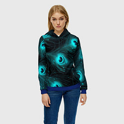 Толстовка-худи женская Светящиеся перья павлина паттерн, цвет: 3D-синий — фото 2