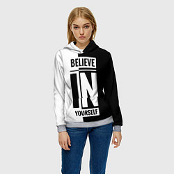 Толстовка-худи женская Верь в себя надпись черно белая, цвет: 3D-меланж — фото 2