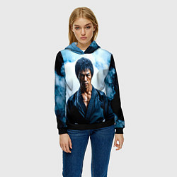 Толстовка-худи женская Брюс Ли в дыму, цвет: 3D-черный — фото 2