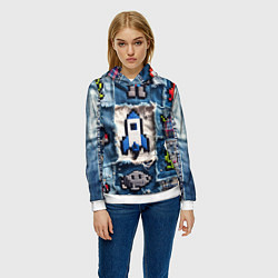 Толстовка-худи женская Космический пиксельный корабль, цвет: 3D-белый — фото 2