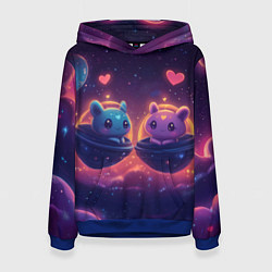 Толстовка-худи женская Милые пришельцы в космосе, цвет: 3D-синий