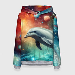 Толстовка-худи женская Галактический дельфин - неоновый космос, цвет: 3D-меланж