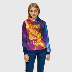 Толстовка-худи женская Герб России - красные и синие молнии, цвет: 3D-синий — фото 2