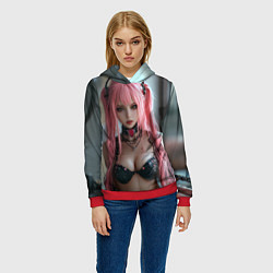 Толстовка-худи женская Девушка с розовыми волосами в наушниках, цвет: 3D-красный — фото 2