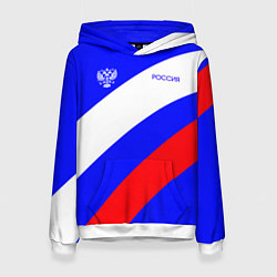 Толстовка-худи женская Россия с гербом и цветами флага, цвет: 3D-белый