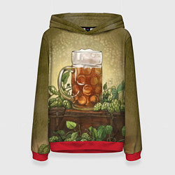 Толстовка-худи женская Кружка пива акварель, цвет: 3D-красный