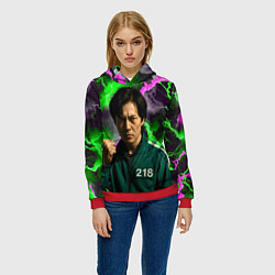 Толстовка-худи женская Игра в кальмара - игрок 218 с кулаком, цвет: 3D-красный — фото 2