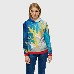 Толстовка-худи женская Масляные краски, брызги, желтые белые синие цвета, цвет: 3D-красный — фото 2