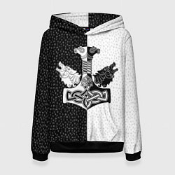 Толстовка-худи женская Волки воины и знак молот тора в рунах, цвет: 3D-черный