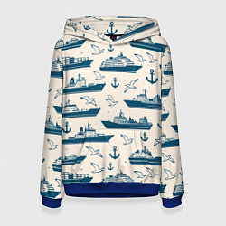 Женская толстовка Морской паттерн из чаек, якорей и кораблей