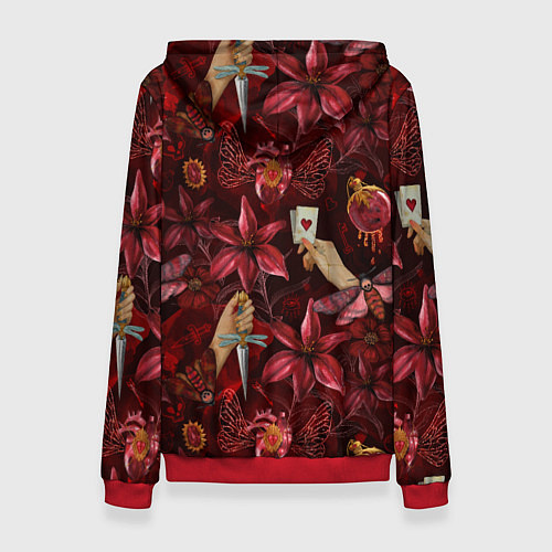 Женская толстовка Бордовая готика с сердцем, лилиями и мотыльками / 3D-Красный – фото 2