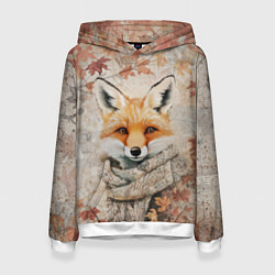 Толстовка-худи женская Лис в шерстяном шарфе, цвет: 3D-белый