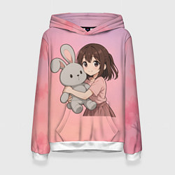 Толстовка-худи женская Девочка обнимает зайцика в аниме, цвет: 3D-белый