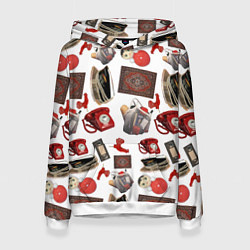 Толстовка-худи женская Неваляшка утюг ретро авоська петушок телефон, цвет: 3D-белый