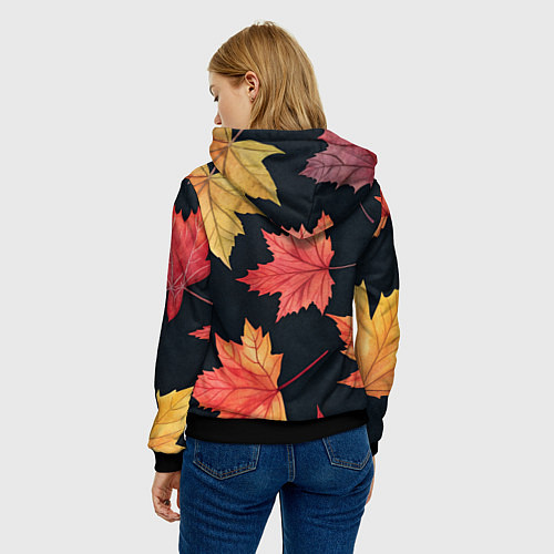 Женская толстовка Кленовые листья на черном - акварельный паттерн / 3D-Черный – фото 4