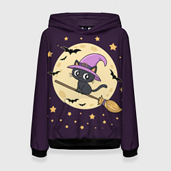 Толстовка-худи женская Хэллоуин, кот на метле, луна, цвет: 3D-черный