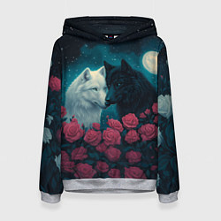 Толстовка-худи женская Черный волк и белая волчица, цвет: 3D-меланж
