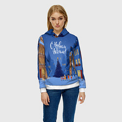 Толстовка-худи женская С новым год - праздничный дворик, цвет: 3D-белый — фото 2