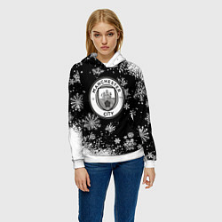 Толстовка-худи женская Манчестер сити снежинки новый год, цвет: 3D-белый — фото 2