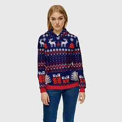 Толстовка-худи женская Новогодний вязаный паттерн, цвет: 3D-красный — фото 2