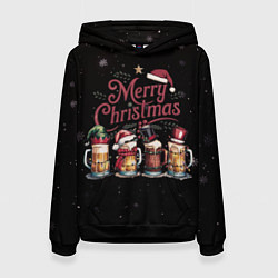 Толстовка-худи женская Кружки пива в новогодних шапках, цвет: 3D-черный