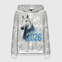 Женская толстовка Лошадь на фоне снижинок 2026