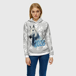 Толстовка-худи женская Лошадь на фоне снижинок 2026, цвет: 3D-белый — фото 2