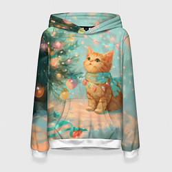 Женская толстовка Милый рыжий котенок любуется елкой