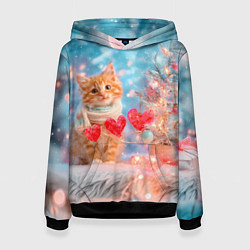 Женская толстовка Котенок и гирлянда из сердечек