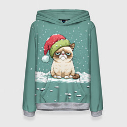 Толстовка-худи женская Недовольный новогодний котик, цвет: 3D-меланж