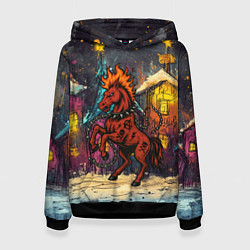 Толстовка-худи женская Красная огненная лошадь панк в городе, цвет: 3D-черный