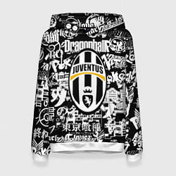 Толстовка-худи женская Ювентус аниме черно белые надписи, цвет: 3D-белый