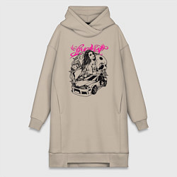 Женское худи-платье Девушка с тату и череп, цвет: миндальный