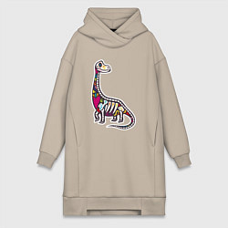 Женское худи-платье Разноцветный скелет динозавра, цвет: миндальный