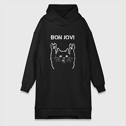 Женское худи-платье Bon Jovi Рок кот, цвет: черный