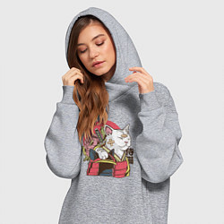 Женское худи-платье Котик Самурай Samurai Cat Japanese art, цвет: меланж — фото 2