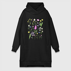 Женское худи-платье Полевые цветы, растения акварелью Ботаника, цвет: черный