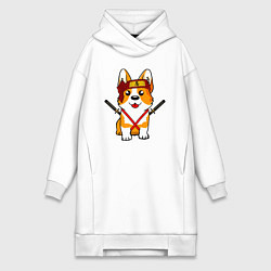 Женское худи-платье Корги - самурай, цвет: белый