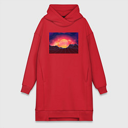 Женское худи-платье 3D неоновые горы на закате, цвет: красный