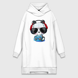 Женское худи-платье Прикольный маленький панда в очках с магнитолой, цвет: белый