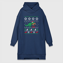 Женское худи-платье Новогодний тирекс - ugly sweater, цвет: тёмно-синий